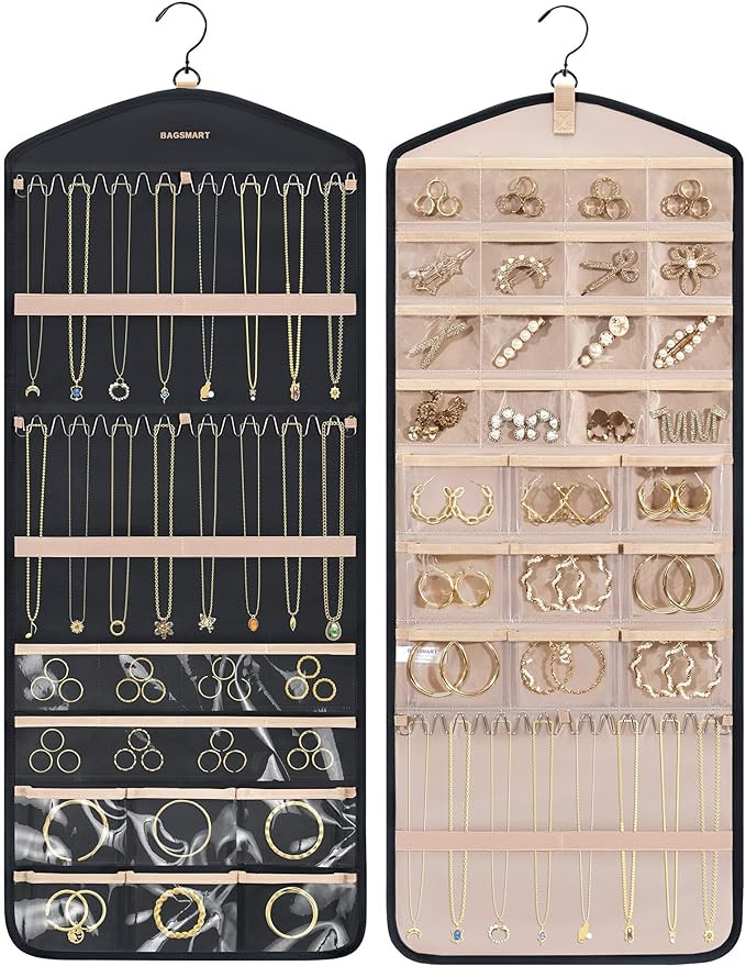 BAGSMART Hanging Jewelry Organizer with Hanger Metal Hooks Double-Sided Jewelry Holder for Organi... | Amazon (US)