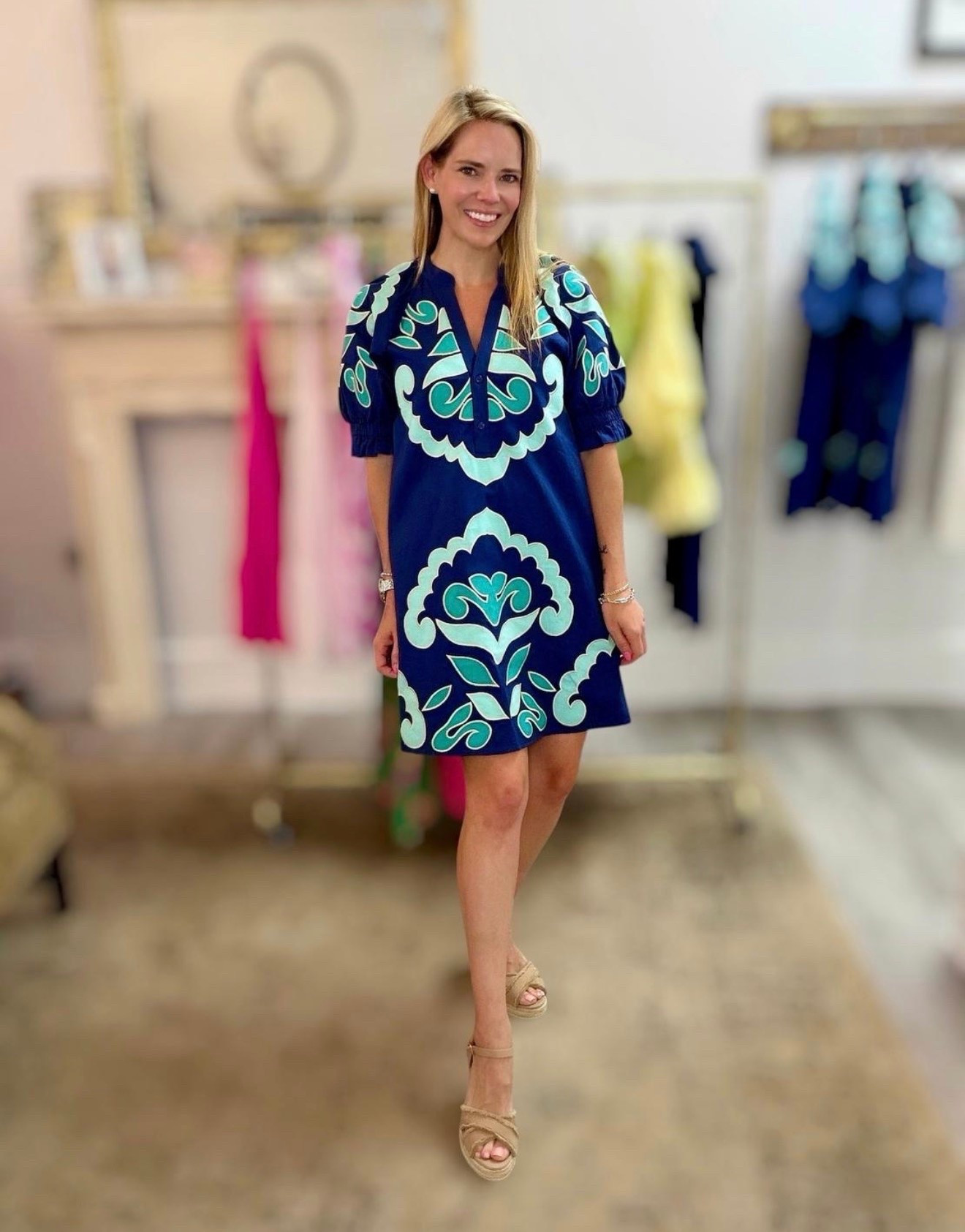The Prettiest Navy Mini 💙✨

This navy printed mini dress is such a fun statement piece! 💙🌿 I love the bold turquoise and mint pattern, feminine puff sleeves, and relaxed silhouette—it’s effortlessly polished without feeling too dressy.

Pair it with wedges for a dressed-up look or swap in sandals for an easy daytime outfit. 🤍 Perfect for brunch, date nights, vacations, or any occasion where you want a little color! ✨

This one is linked in LTK! 🛍️

Navy mini dress, printed mini dress, preppy style, feminine summer dresses, fall transition style, women over 40 fashion, vacation outfit, brunch outfit, statement print dress, Southern style, classic feminine fashion, elevated everyday style.

#LTKOver40 #LTKWorkwear #LTKootd