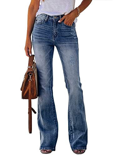 Koinshha Womens High Waisted Jeans Flare Stretch Boyfriend Casual Bootcut Denim Pants Petite Size 12 A Blue | Amazon (US)