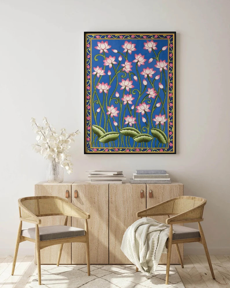 Indian Folk Wall Art Vintage Flower Painting Lotus | Etsy | Etsy (US)