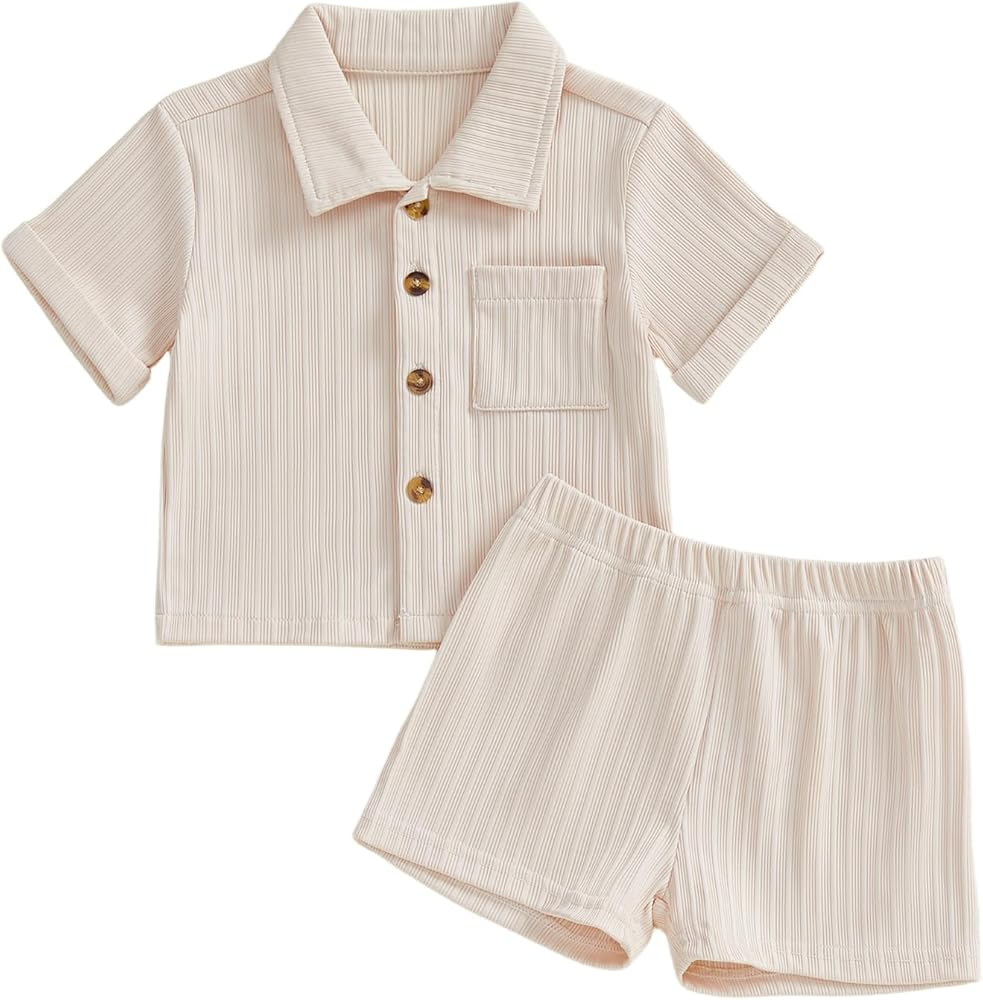 fhutpw Baby Boy Clothes Toddler Infant Leisure Ribbed Button Down Shirt Tops + Shorts Set 2PCS Su... | Amazon (US)