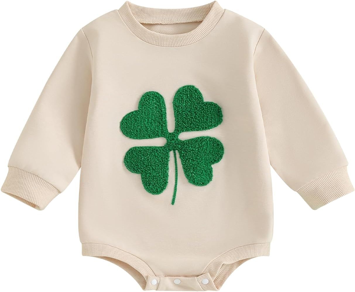 Newborn Baby Boy Girl St. Patrick's Day Outfit Clover Embroidery Sweatshirt Romper Oversized Long... | Amazon (US)