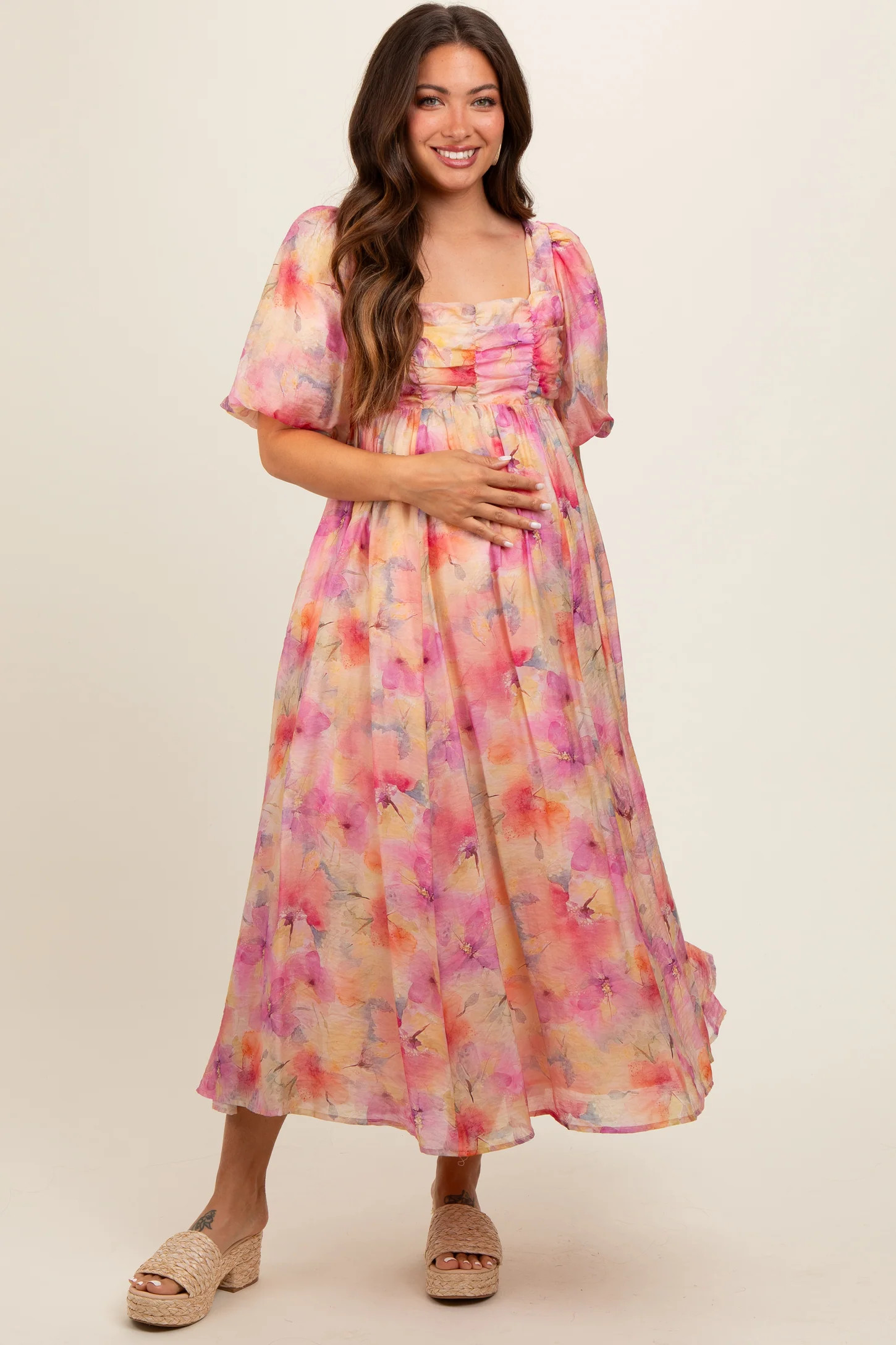 Pink Floral Square Neck Short Puff Sleeve Lace-Up Back Maternity Midi Dress | PinkBlush Maternity