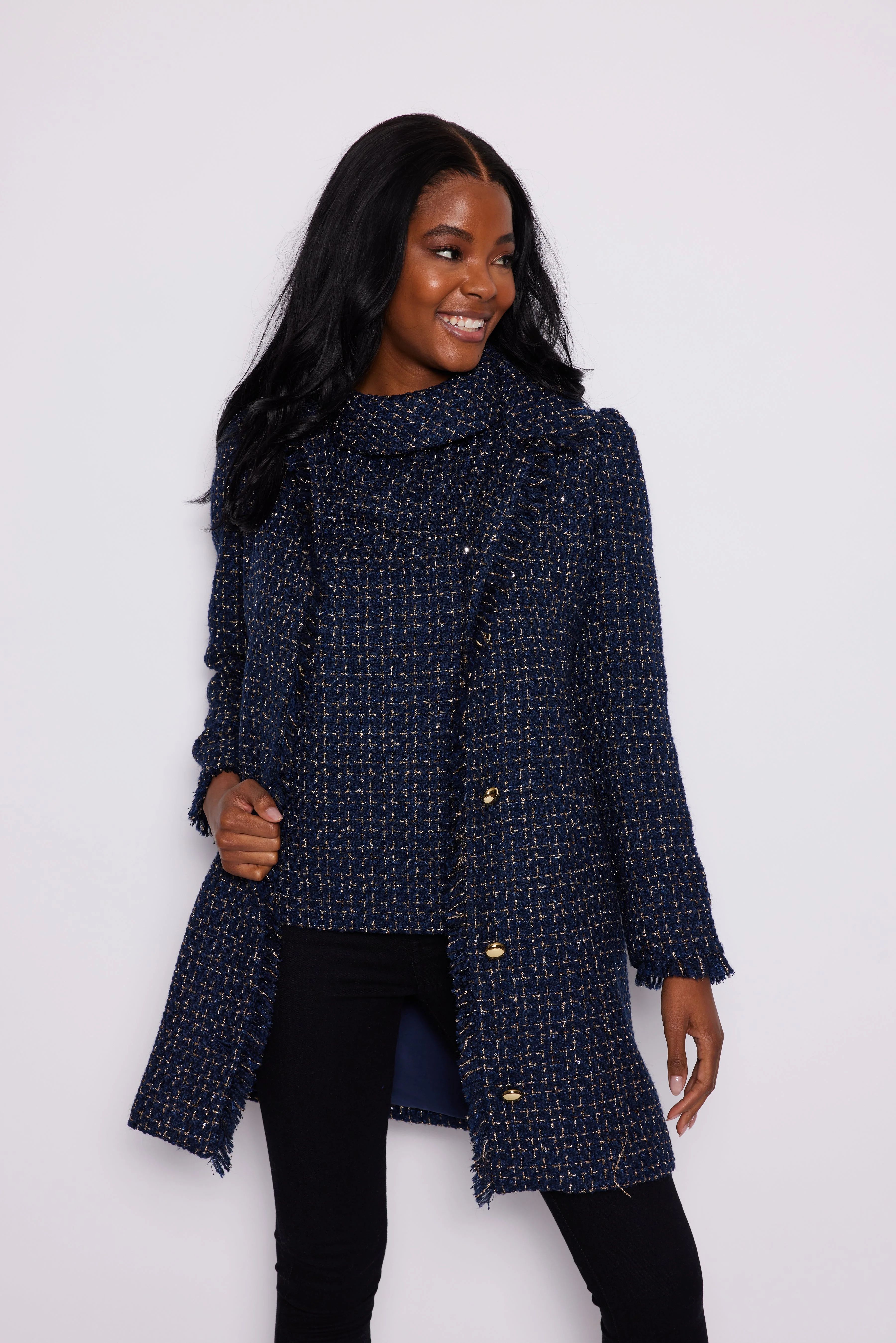 Navy Tweed Button Front Coat | Sail to Sable