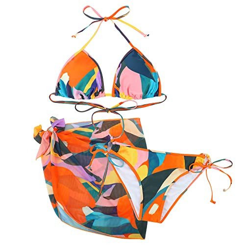 Women's 3 Piece Wrap Tie Dye Bikini Set Swimsuit Bathing Suits with Mesh Beach Sarong Cover Up Skirt Colorful Graffiti L | Amazon (US)