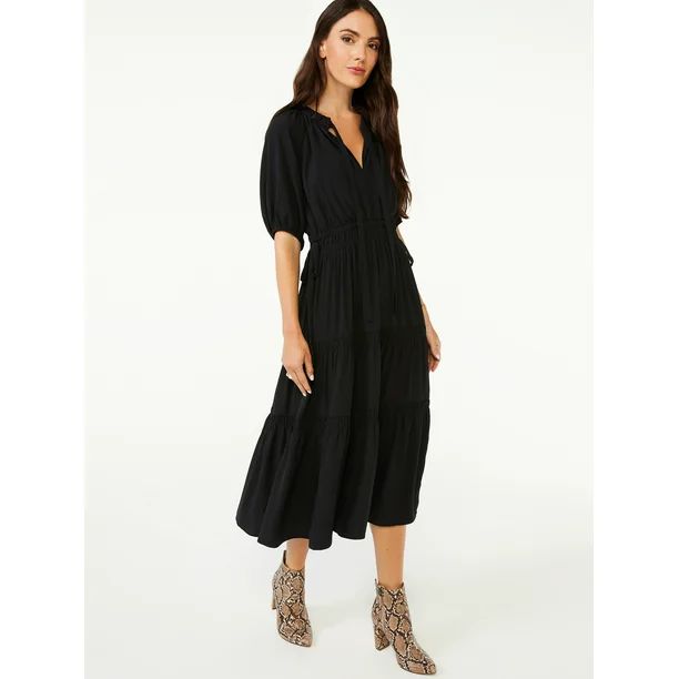 Scoop Women's Split Neck Tiered Midi Dress | Walmart (US)