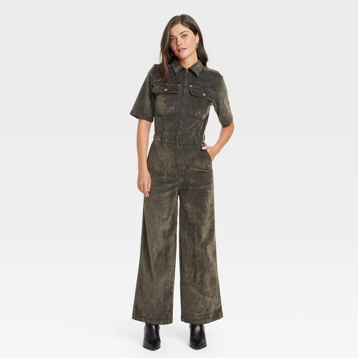 Women's Short Sleeve Flocked Denim Jumpsuit - Universal Thread™ Olive | Target