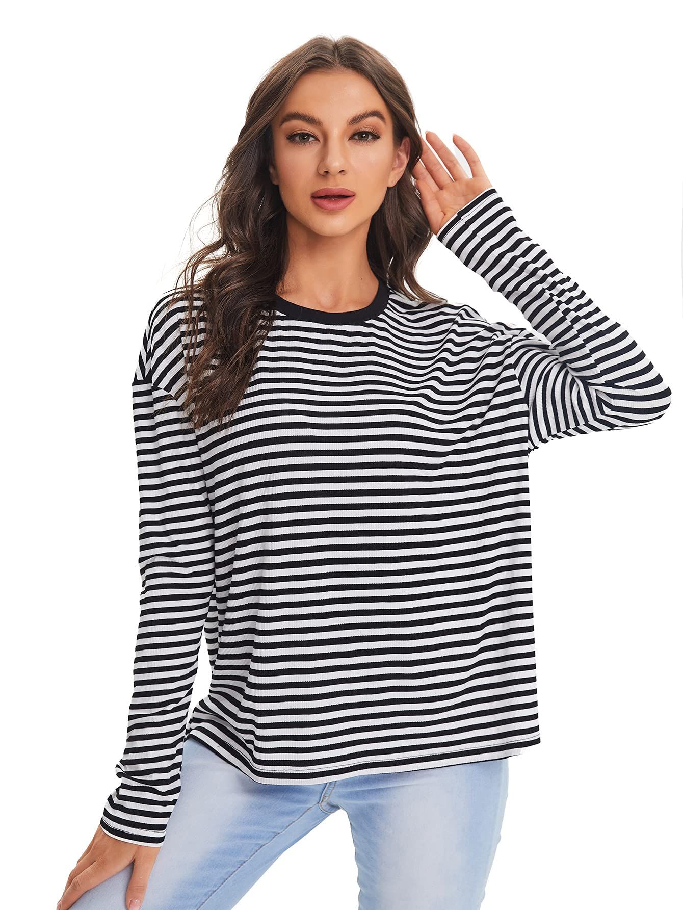 SweatyRocks Women's Casual Striped Tee Shirt Long Sleeve Round Neck Top | Amazon (US)