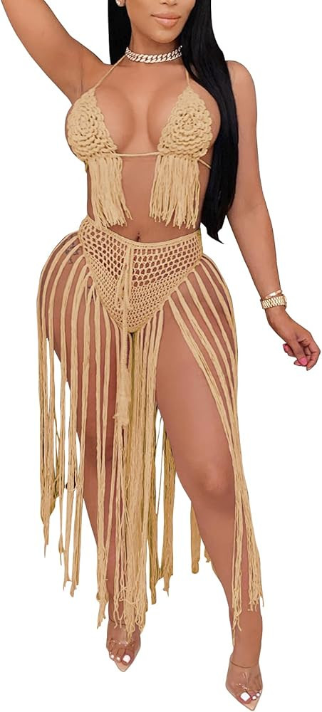 sedmoda Women's Bikini Swimsuits Two Piece Crochet Tassel Bra Top Maxi Skirt Cover Up Set Beach O... | Amazon (US)