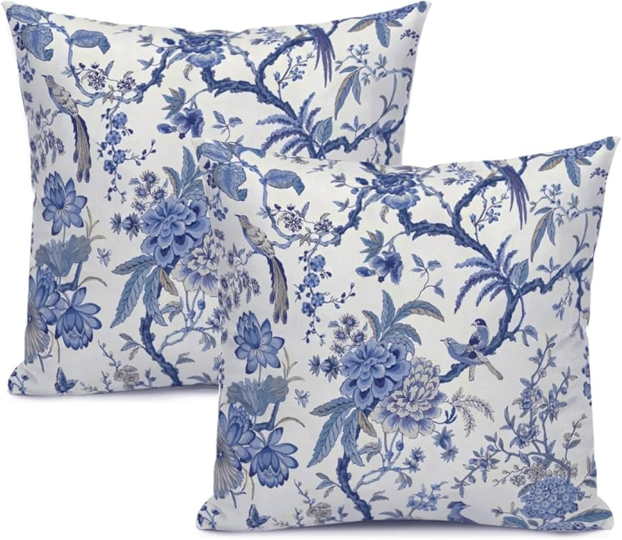 Chinoiserie Throw Pillow Covers Blue and White Home Decor 18x18 Inch, Floral Pillowcase Cushion C... | Amazon (US)