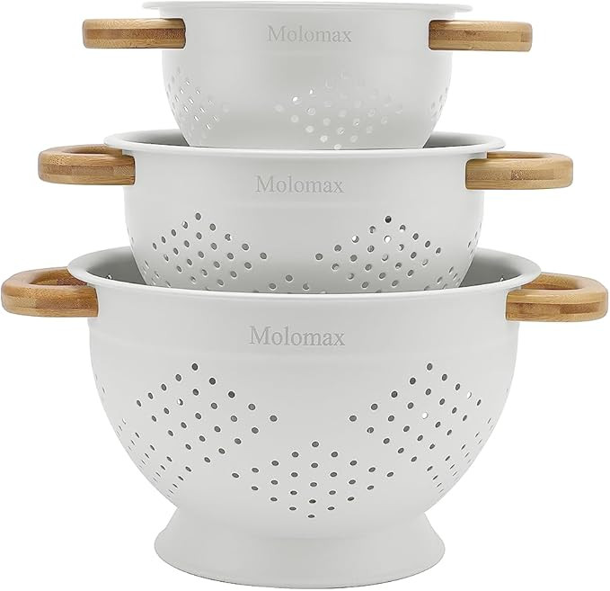 Metal Colander with Wood Handle | Set of 3 with Bamboo Handles | 1.5Q, 3Q, 5Q (Light Icing White) | Amazon (US)