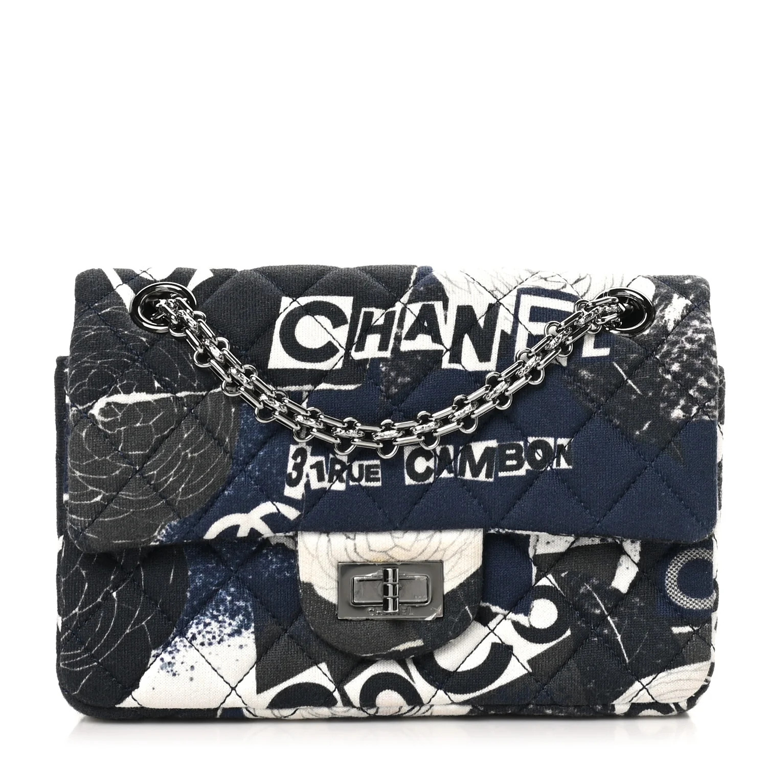 Chanel Jersey Quilted Camellia 2.55 Reissue Mini Flap Black Blue White 1624266 | FASHIONPHILE (US)