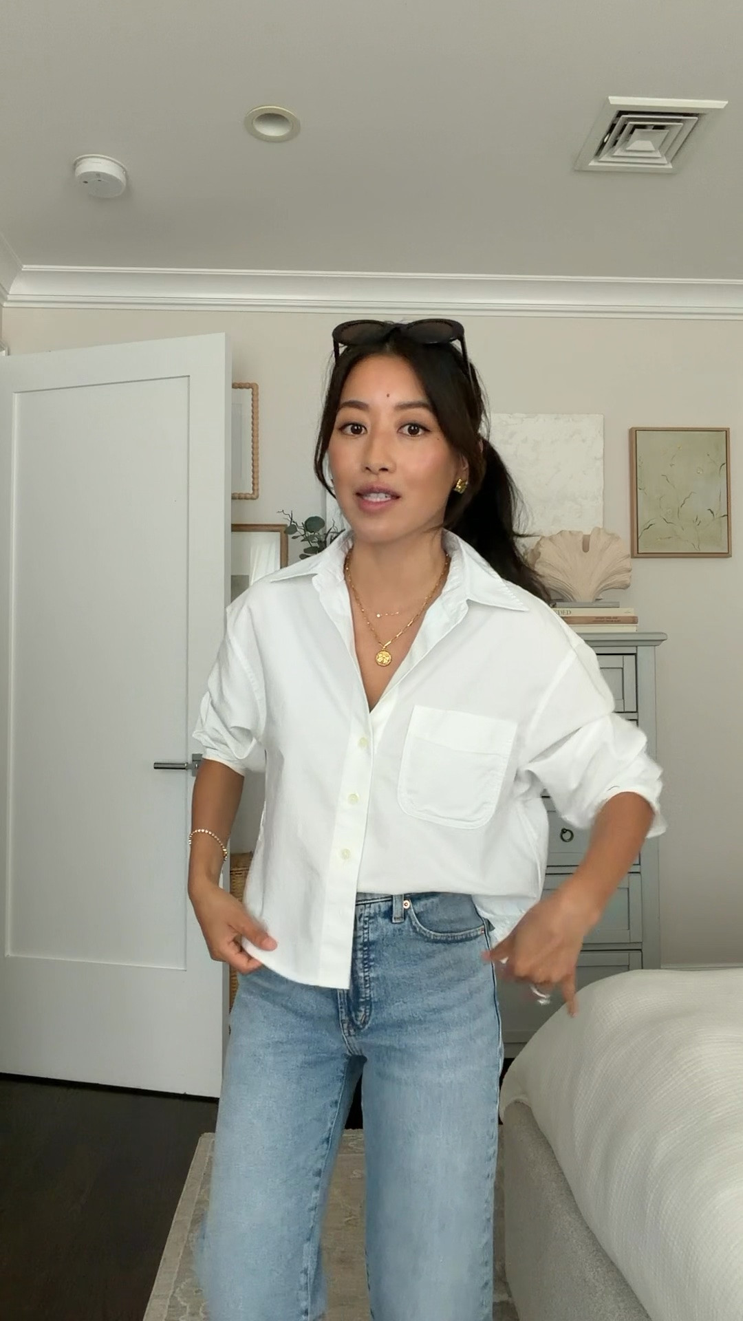Outfit on sale! Check LTK post for the discount code • Cropped white button down XXS, oversized and boxier style   
• Perfect vintage wide leg crop jean 24 short 
• suede penny loafers 5 tts (I am usually between 5 and 5.5) with removable magnet penny 
• Oval sunglasses 

Classic white top, petite friendly jeans, easy mom outfit

#LTKPetite #LTKootd #LTKSaleAlert