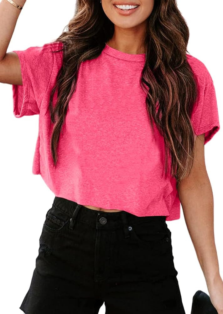 UNCLECAT Women's Cropped T Shirts Trendy Short Sleeve Crew Neck Crop Tops Solid Basic Tee | Amazon (US)