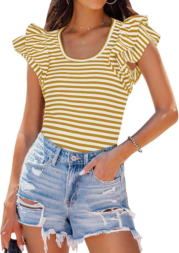 ZESICA Women's Ruffle Short Sleeve Striped T Shirts 2024 Summer Scoop Neck Slim Fitted Causal Bas... | Amazon (US)