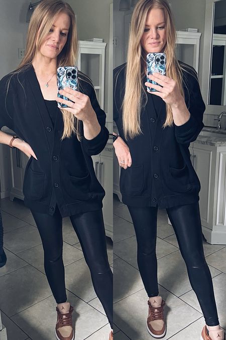 Leggings outfit.

Size reference 5’9” 140lbs

Sweatshirt cardigan - medium tall
(On sale)

Black tank - small tall

Faux leather leggings - small

Faux leather leggings outfit. Weekend outfit. School run outfit. Gap. Tall sizing. Jordan’s. Low top sneakers. Leggings and sneakers outfit. Spanx leggings. 

#LTKSaleAlert #LTKOver40 #LTKFindsUnder100