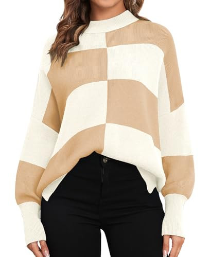 ZAFUL Womens Checkered Sweater 2025 Cute Oversized Pullover Sweaters Color Block Cozy Knit Jumper Tops (Khaki Cream,S) | Amazon (US)