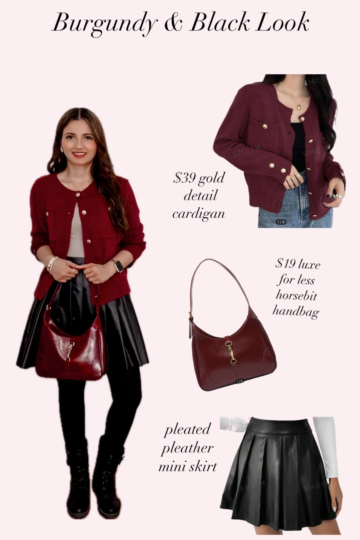 Burgundy cardigan with gold buttons, pleather black pleated mini skirt, luxe look horsebit hobo bag

#LTKcanada #LTKworkwear #LTKwinter