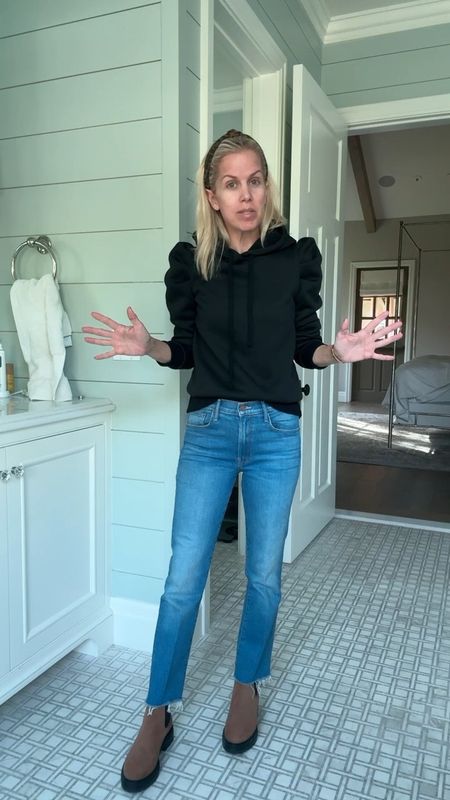 Outfit of the day: just got this black puff-sleeve hoodie from Amazon — dupe for Rebecca Minkoff. So cute. And these new mother jeans, which have the perfect pleat and no rips! Both tts. 

#LTKsalealert #LTKstyletip #LTKover40