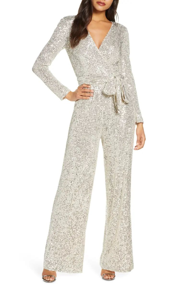 Eliza J Sequin Wrap Front Long Sleeve Jumpsuit | Nordstrom | Nordstrom