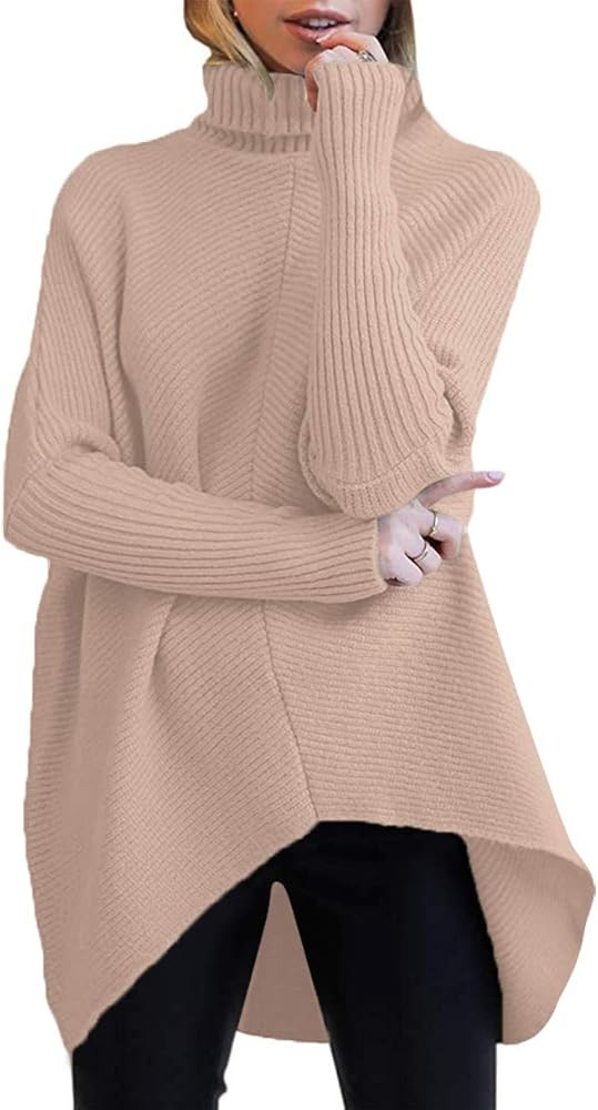 ANRABESS Womens Turtleneck Long Batwing Sleeve Asymmetric Hem Casual Pullover Sweater Knit Tops | Amazon (US)