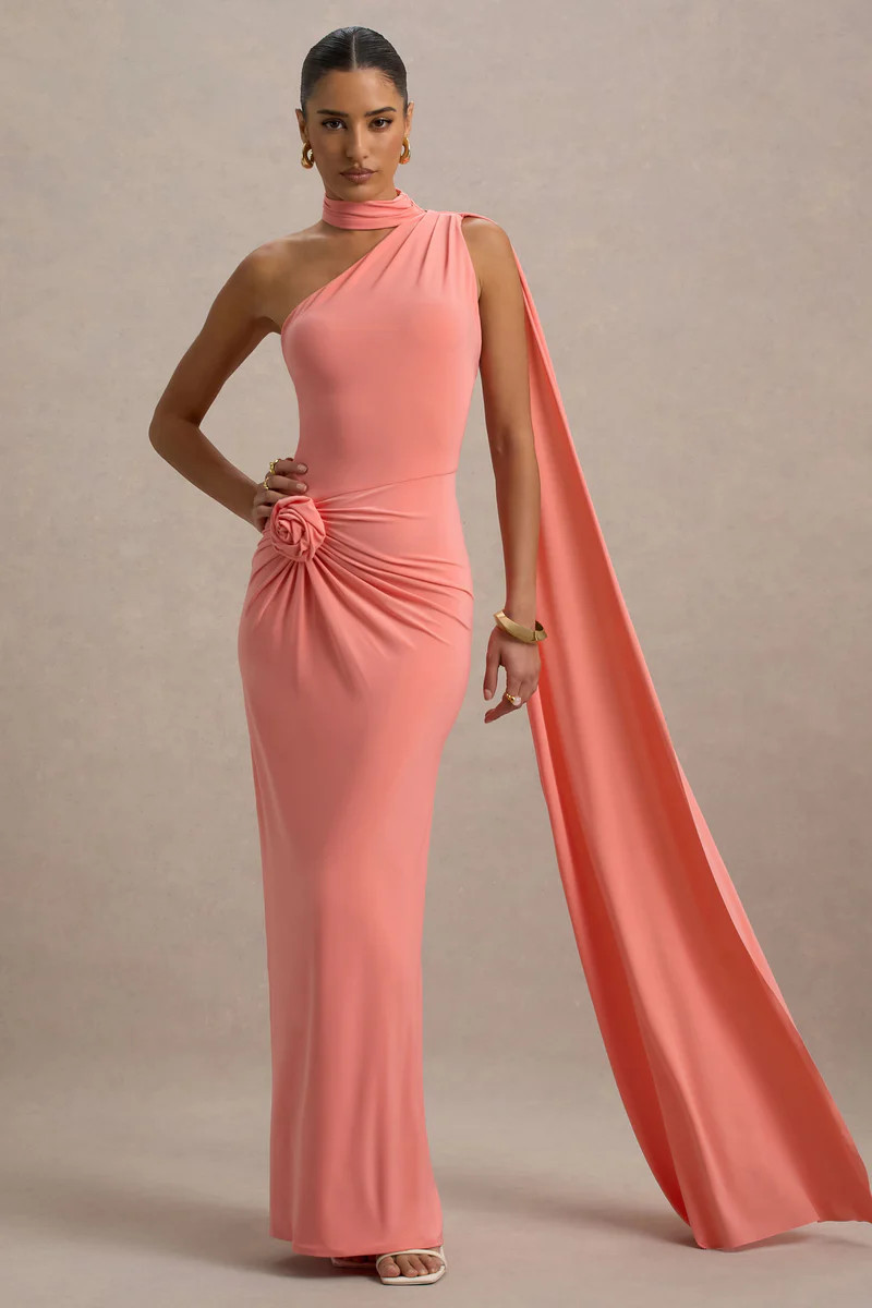 Rita | Coral Asymmetric Wrap Maxi Dress With Scarf | Club L London