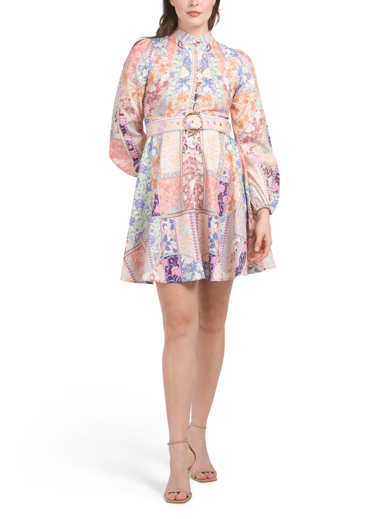 Patchwork Long Sleeve Mini Dress With Belt | TJ Maxx