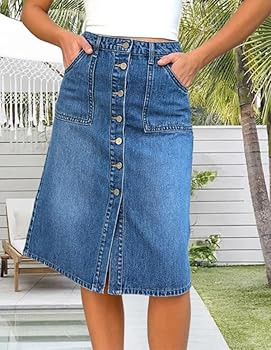 Jean Skirt for Women Denim Skirt High Waist Stretch Midi Denim Skirts with Pockets | Amazon (US)