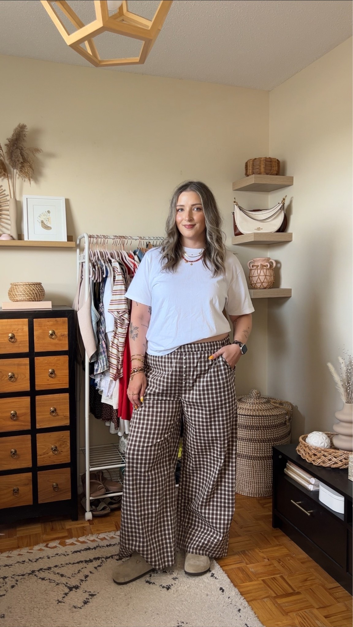 Comfy summer to fall outfit part of the Abercrombie sale! Wearing M in the plaid pants. Linked this year’s version of my white tee. I’m a 9.5-10 shoe and wear a 40 in the Birkenstock clogs

#LTKfall #LTKsale #LTKmidsize