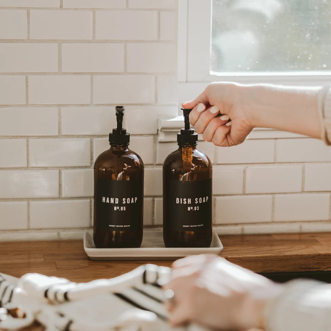 Hand Soap and Dish Soap Set of 2 16 oz Amber Glass Dispensers | Hand Soap Dispensers | Farmhouse ... | Etsy (US)