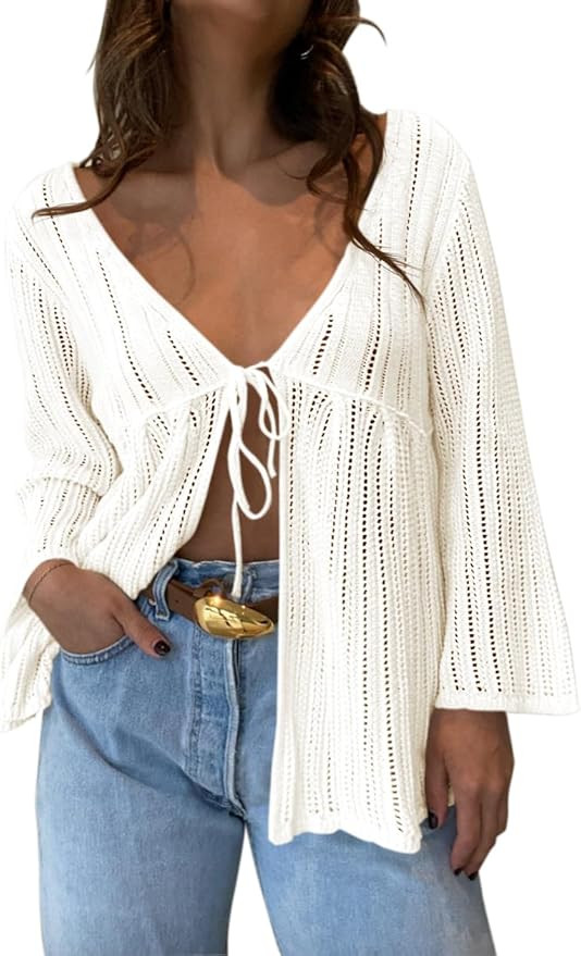 Saodimallsu Womens Summer Lightweight Tie Front Cardigans Crochet Knit Long Bell Sleeve Casual V ... | Amazon (US)