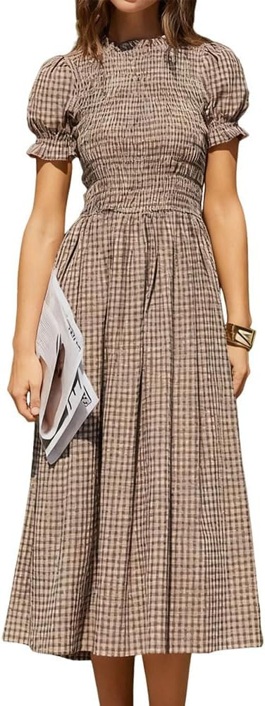 RIHOAS Women Shirred A-Line Midi Dress Summer Dresses Puff Short Sleeve Smocked Flowy Ruffle Boho... | Amazon (US)