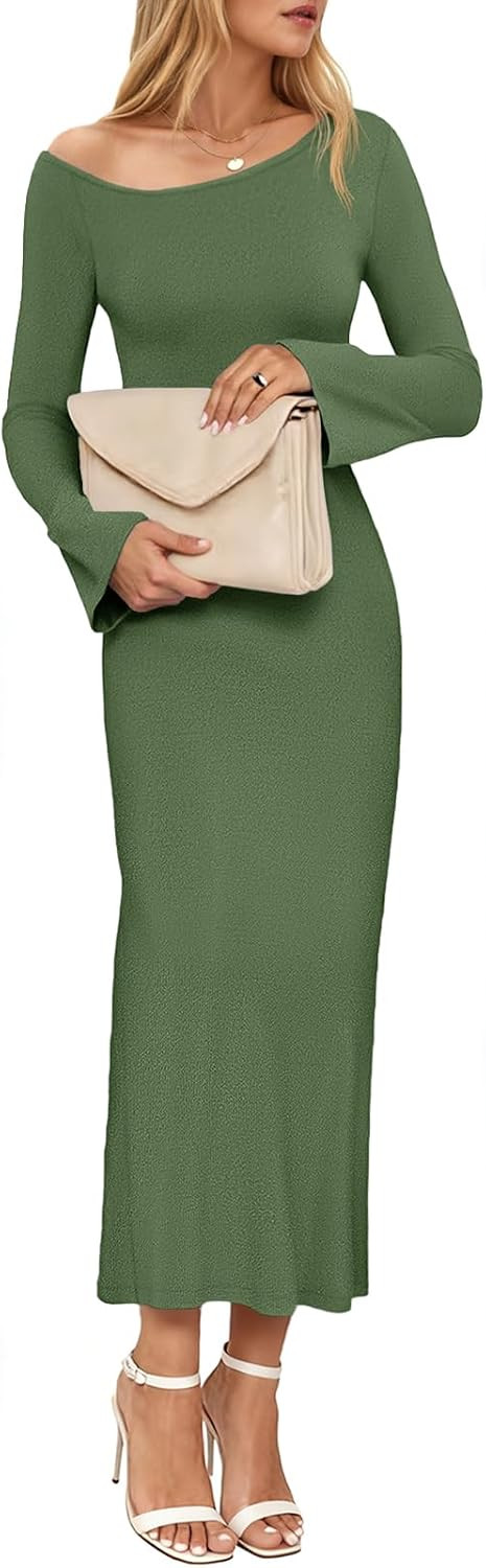 Wenrine Womens Fall Off The Shoulder Bodycon Sweater Dress 2025 Formal Long Sleeve Elegant Cocktail Party Maxi Dresses Army Green | Amazon (US)