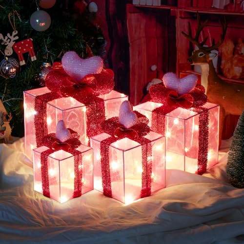 Set of 4 Valentines Day Pink Heart Lighted Gift Boxes, Battery Operated Romantic Wedding Decoration, Light Up Indoor Outdoor Decor for Proposals, Birthday Parties | Amazon (US)