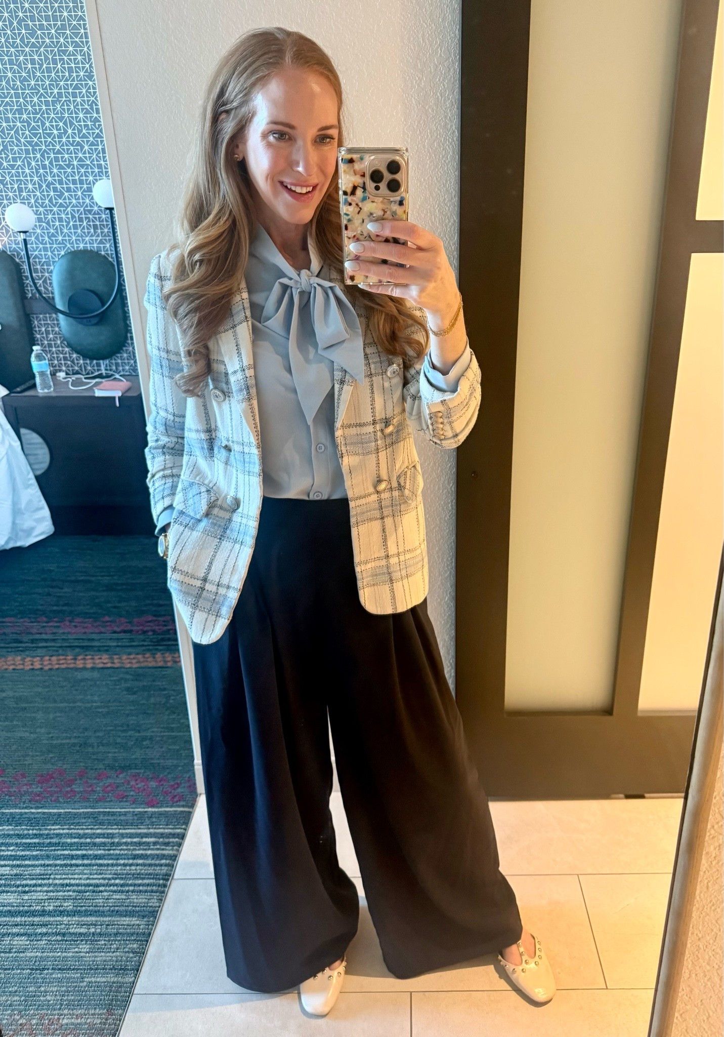 Comfy and chic work look! These navy wide leg pants are the best for travel, they don’t wrinkle, and come in lengths! My fav tie blouse bodysuit and classic Veronica Beard blazer! 💙

#LTKootd #LTKdayinmylife #LTKWorkwear