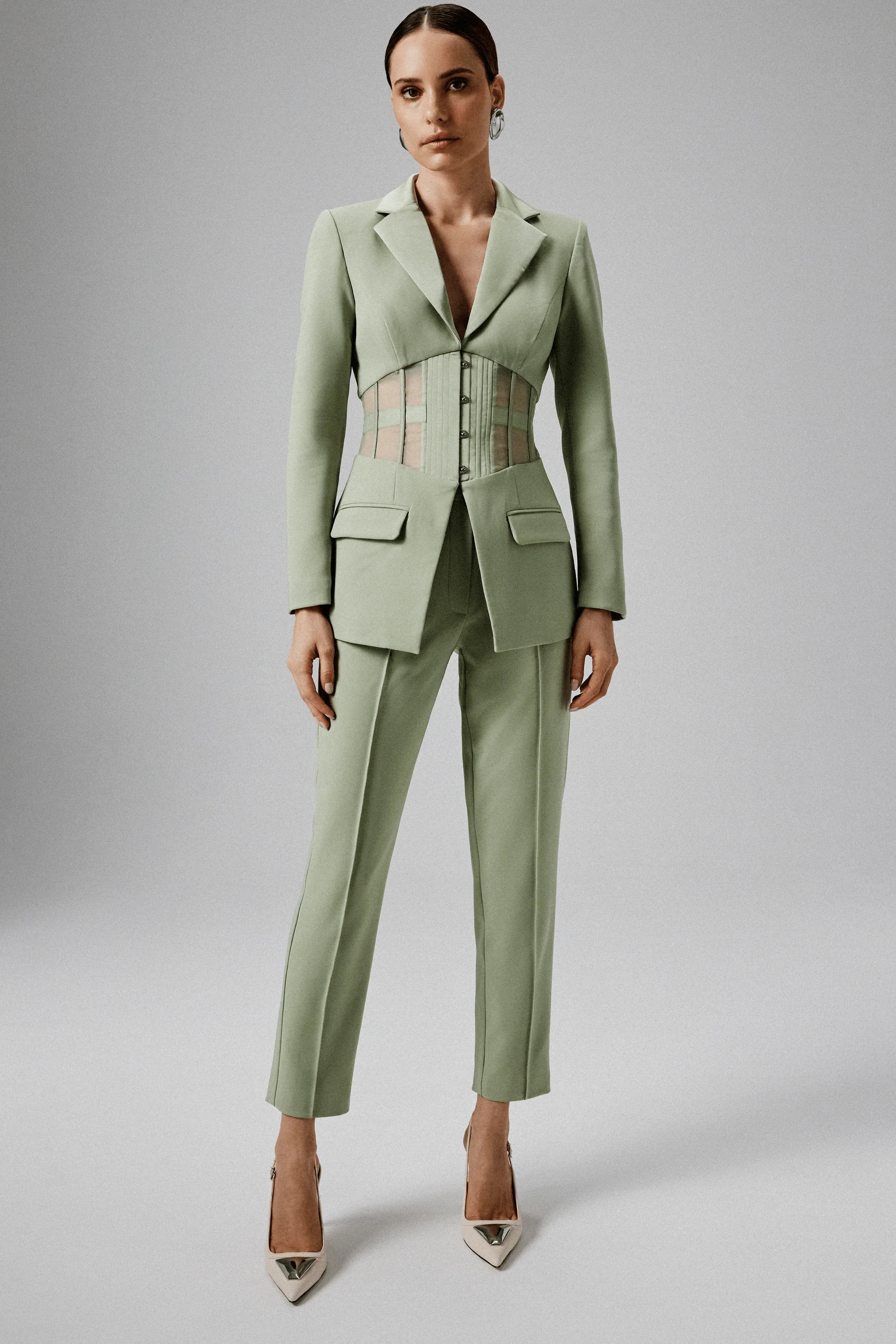 JUNE Mid Rise Satin Mix Tailored Trousers in Sage Green | Lavish Alice Retail Ltd