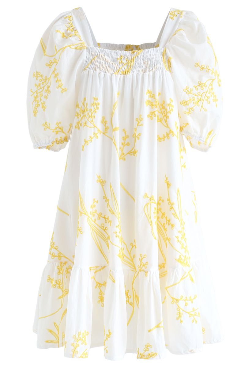Wildflowers Embroidered Puff Sleeves Dolly Dress in White | Chicwish