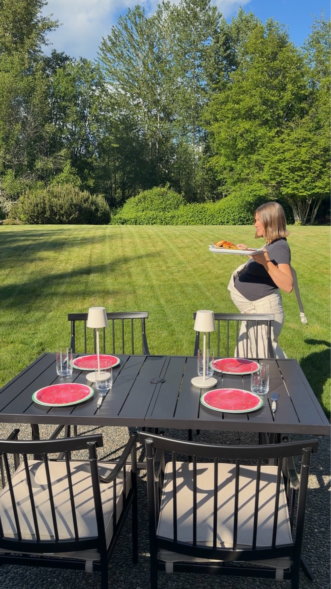 Outdoor summer hosting from @wayfair #ad the table and chairs are such a great price and are such high quality! Love this blackstone grill we use it almost every day in the summer! Plates are acrylic and dishwasher safe. Love these table lamps for indoor/outdoor use. Everything is linked. 

#wishyouwerehere #outdoor #wayfair #wayfairpartner #bresheppard #hosting #summerhosting #summeroutside