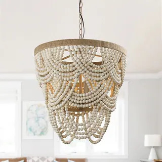 Farmhouse Beige Layered Wood Beaded 4-Light Chandelier | Bed Bath & Beyond