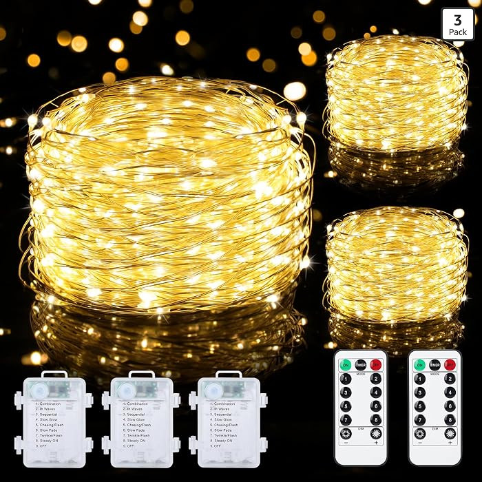 3 Pack 99FT Battery Operated Fairy Lights with Remotes, Warm White | Amazon (US)