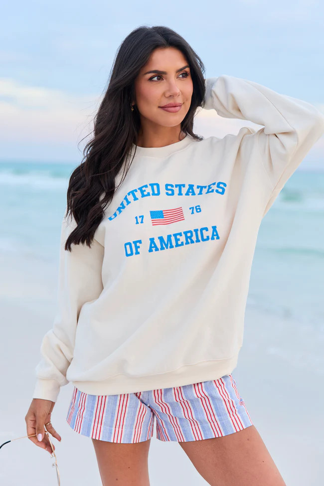 Classic USA Flag Cream Graphic Sweatshirt | Pink Lily