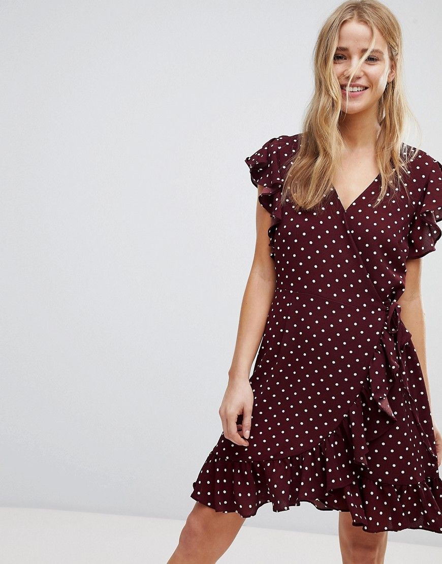 New Look Polka Dot Ruffle Wrap Dress - Red | ASOS US