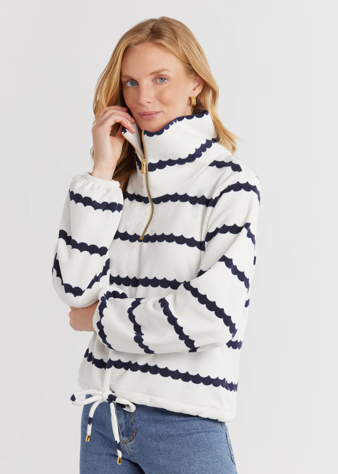 Boardwalk Pullover in Terry Fleece (Navy Scallop Stripe) | Dudley Stephens