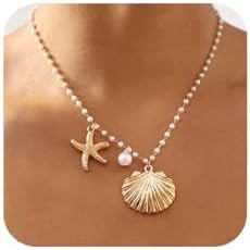 Gold Shell Necklace for Women Gold Seashell Starfish Pendant Necklace Shell Choker Pearl Beaded C... | Amazon (US)
