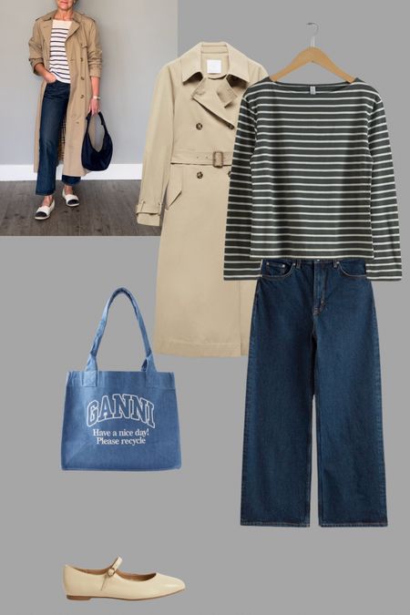 Styling cropped straight jeans with a classic trench coat, Breton stripes, a Gabi bag and Mary Janes 