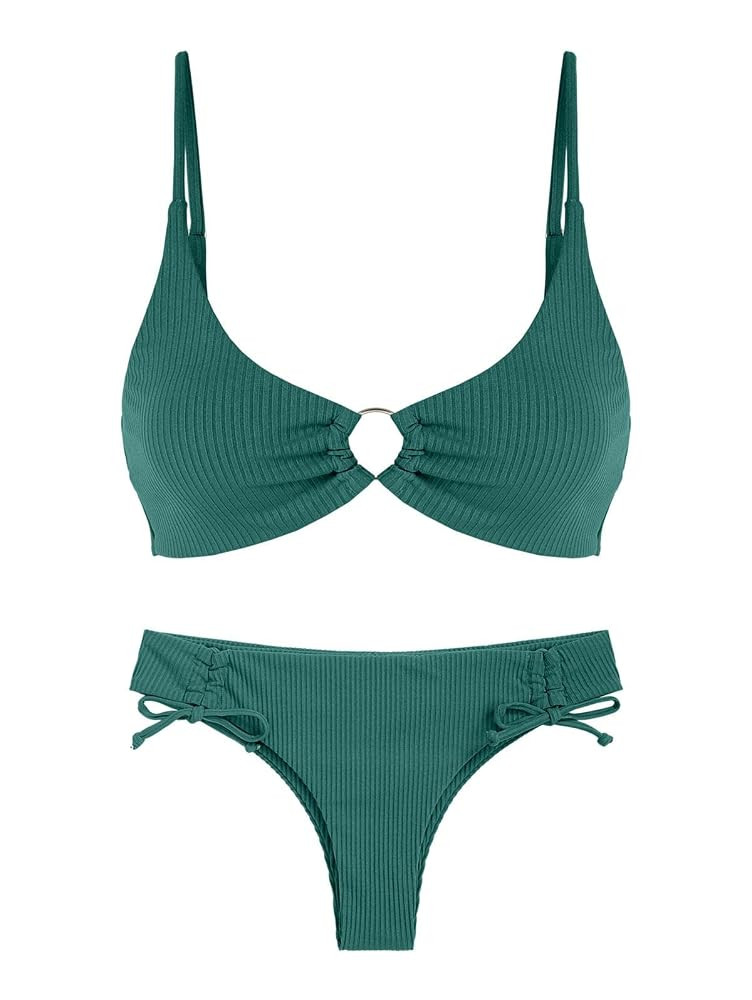 ZAFUL Women's Ribbed O Ring Bikini Set Tie Side Cheeky Swimwear Ruched Cinched Swimsuit Two Piece... | Amazon (US)