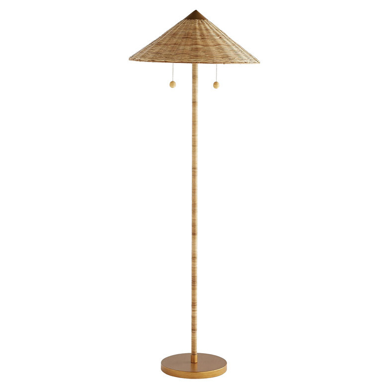 Terrace Coastal Beach Gold Iron Handwoven Rattan Floor Lamp | Kathy Kuo Home