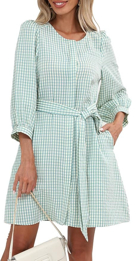 Ladyful Womens Gingham Dress Crewneck 3/4 Puff Sleeve Belted Shirt Dress Plaid Work Short Dresses... | Amazon (US)