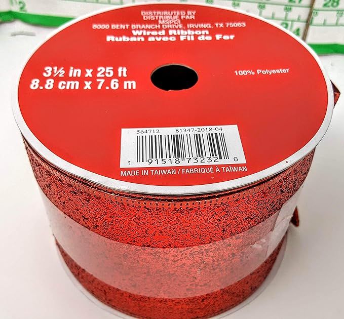 3.5 inch x 25 ft Wired Edge red Glitter Ribbon 100% Polyester MSRP 15.00 | Amazon (US)