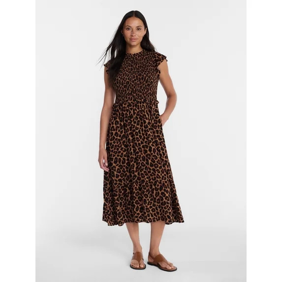 Time and Tru Women's and Women's Plus Smocked Bodice Midi Woven Dress, Sizes XS-4X | Walmart (US)